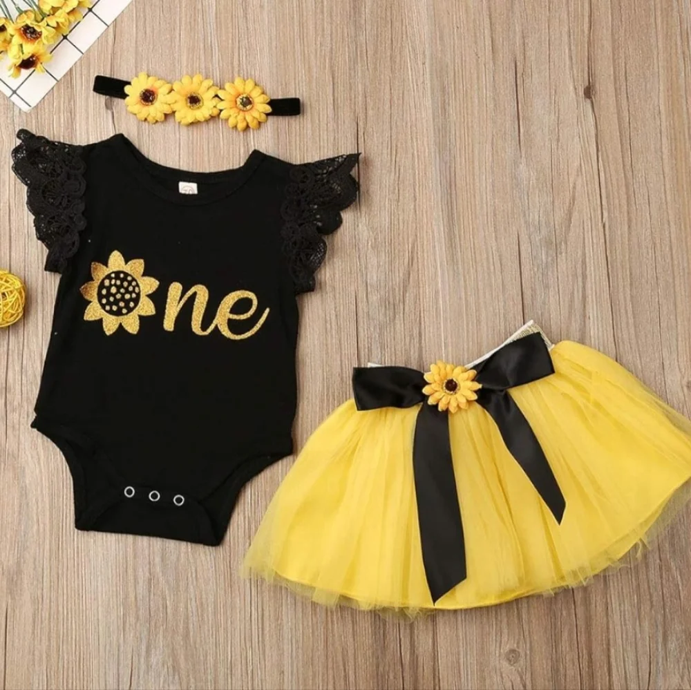 ​Baby Girl First Birthday Outfit Sunflower Tutu Dress Lace Sleeve Bodysuit 9-12M